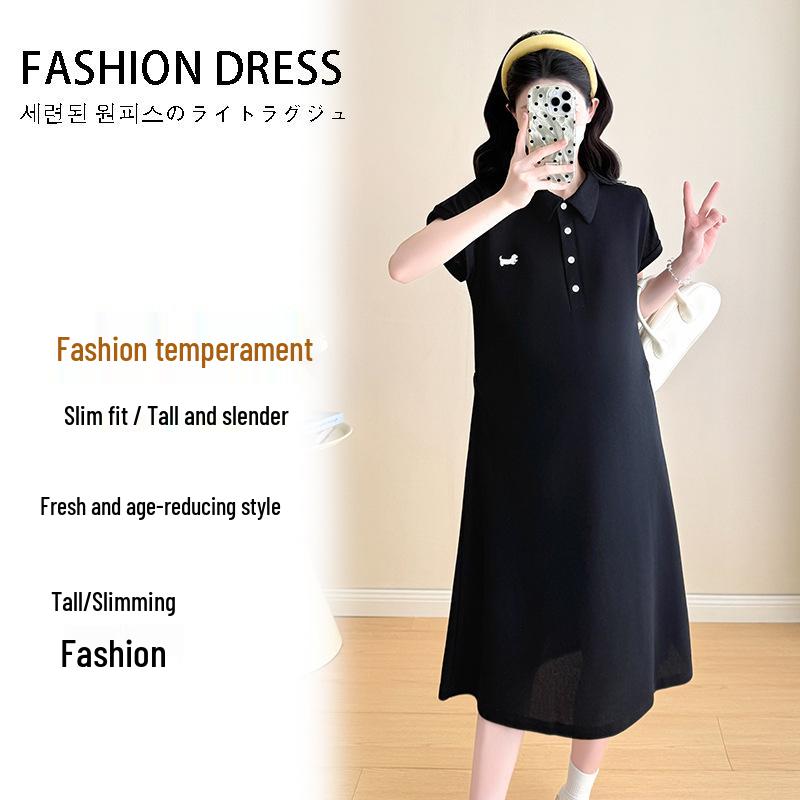 Maternity Dress - Summer 2026: Korean Style with Small Dog Embroidery and Lapel Extra Large