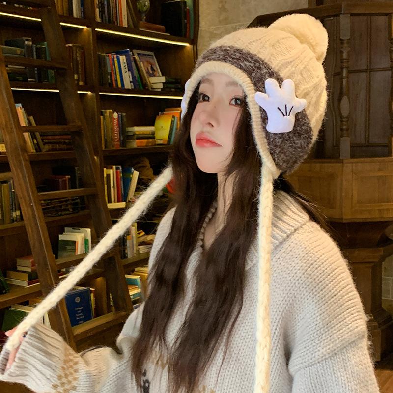 Cute Palm Warm Ear Protecting Hat for Women A Versatile Japanese Style Cold Proof Woolen Knitted Hat for Autumn and Winter  and A Cycling Headscarf