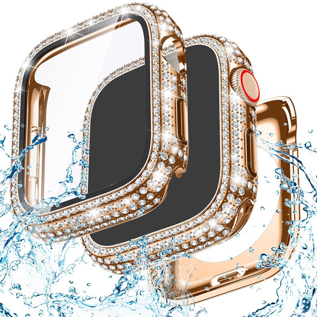 Glass+Bling Cover For Apple Watch Case 44 45mm 41mm 40mm 42mm 44 mm Diamond bumper+Screen Protector iwatch series10 9 8 7 5 6 SE