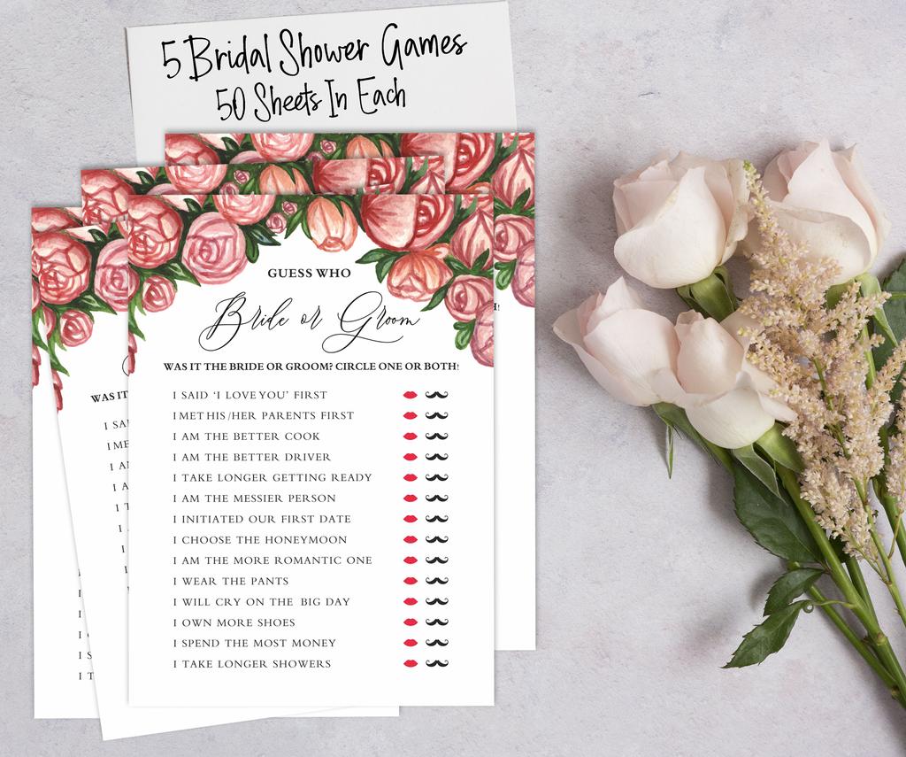 Inkdotpot Floral Theme Bachelorette Party Games Set Bundle of 5 (Activities for 50 Guest) Fun Bridal Shower Games Set