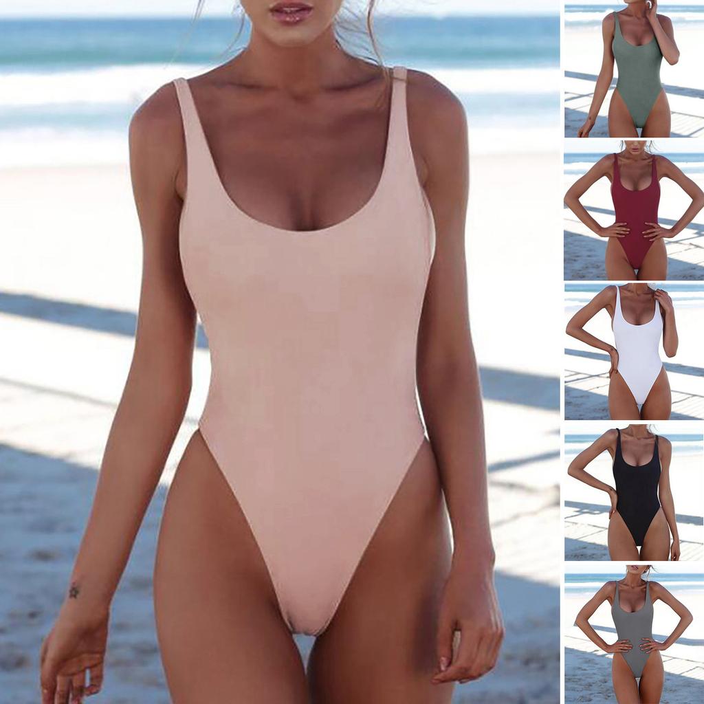 One Piece Swimsuit Solid Color High Cut Leg Scoop Neck Stretch Fabric Women's Swimwear Beachwear Bathing Suit