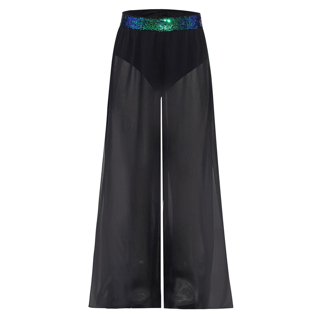 Fließende Chiffon-Überlage Tanzhose für Mädchen Weiter Bein Seitenschlitz Design Paillettenbund Performance Hose