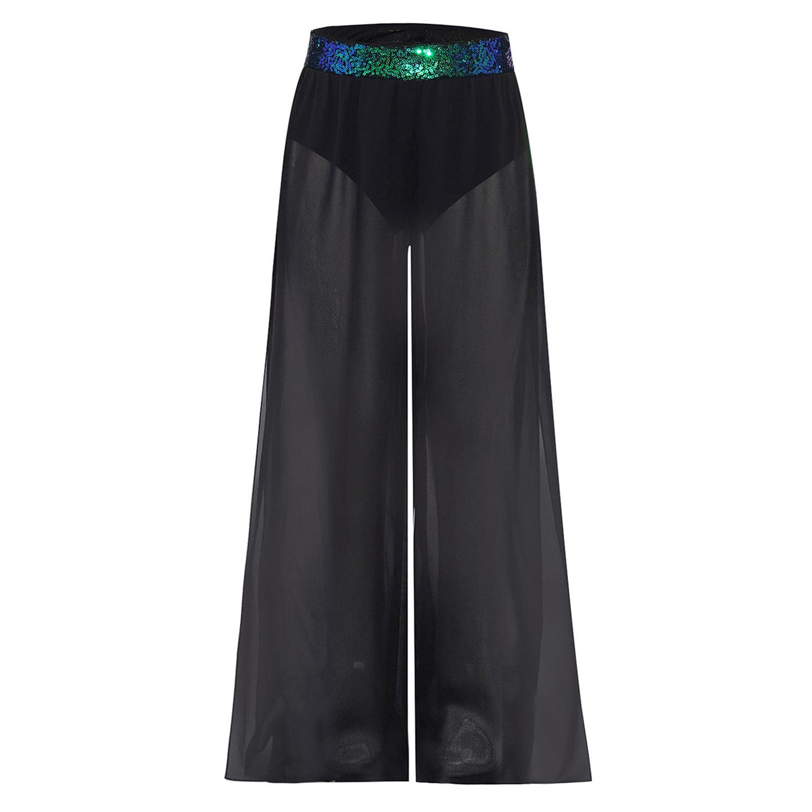 

Жіночі танцювальні штани з шифоновою накидкою, широкі, з бічним розрізом, з паєтками на поясі, для виступів 15-16 Years зелений