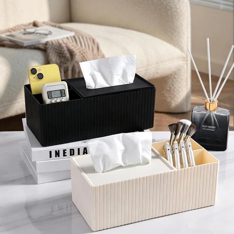 Multifunctional Striped Tissue Storage Box Removable Lid Separate Compartments Nice Housewarming Gift for New Home Owners