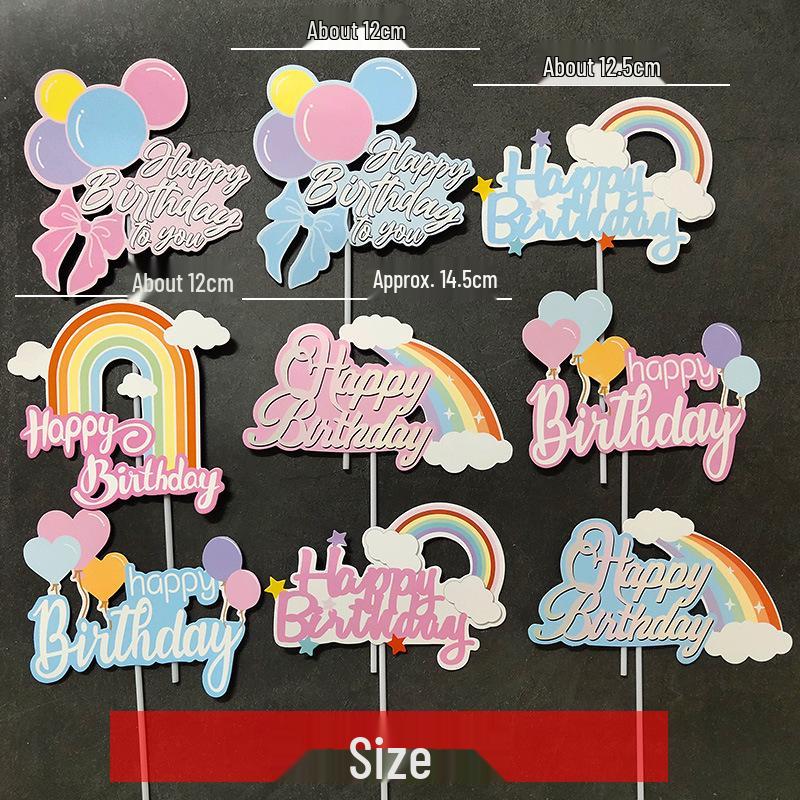 Large Rainbow Birthday Cake Toppers: Seven-Color Balloons, Love Hearts, Clouds, Stars Ornaments
