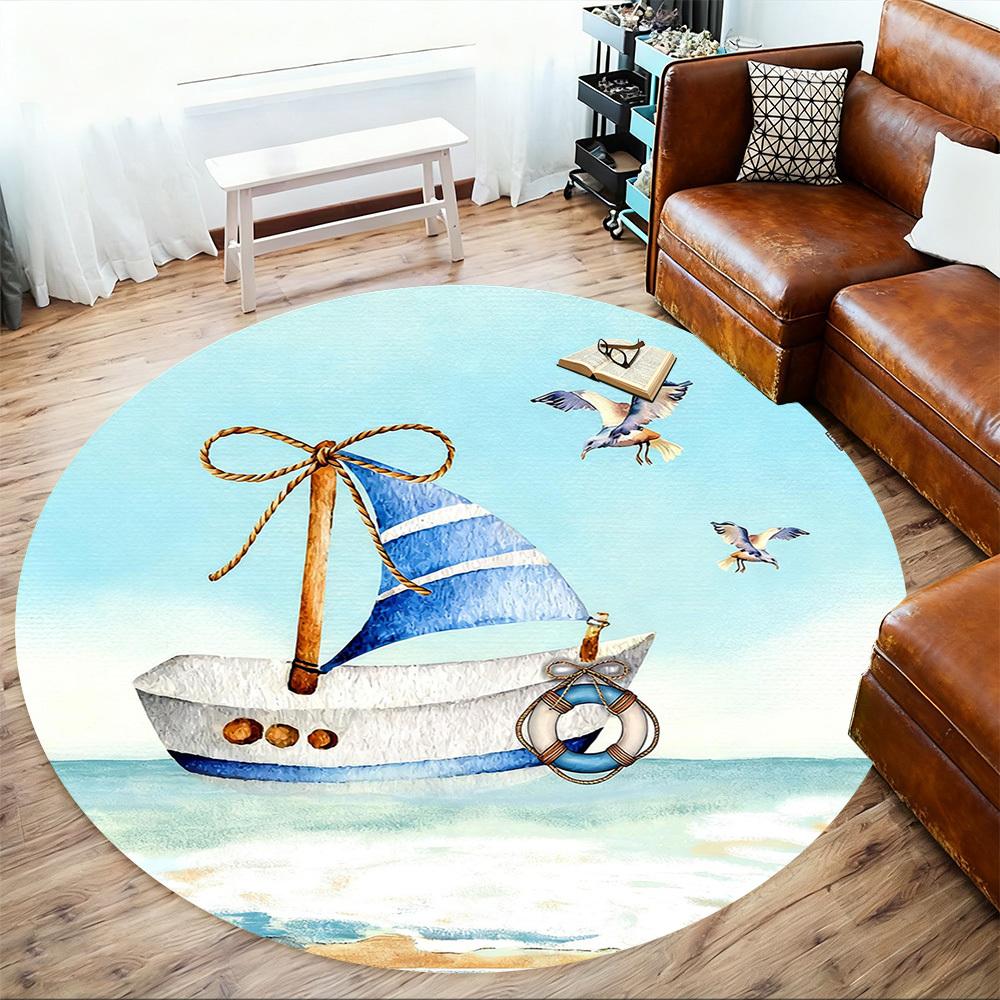 1pc Sailboat Seagulls Round Chair mat office Area Rug - Non-Slip, Floor Mat for Office, Bedroom, and Indoor Decor p127270