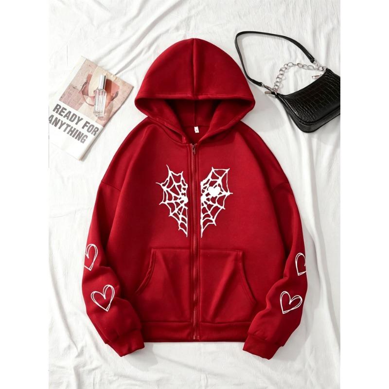 Women S Fall Winter Fleece Hooded Zip Up Cardigan Sweatshirt Spider Web Heart Print