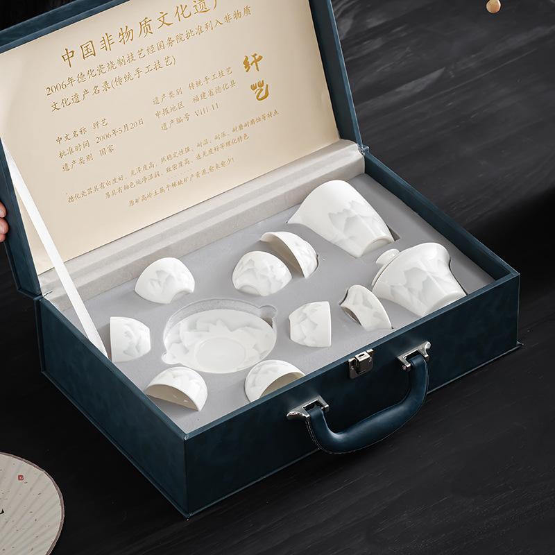 White porcelain tea set, full set of kung fu tea set, suet jade cover bowl, tea cup business gift gift box print