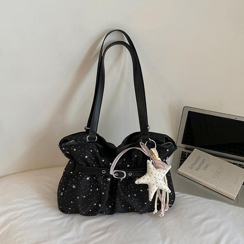 Fashi Pleate Star Handbag,korean Exquisite Leather Strap Decorate Underarm Bag,casual Large Capacity Commuter Bag With Pendant