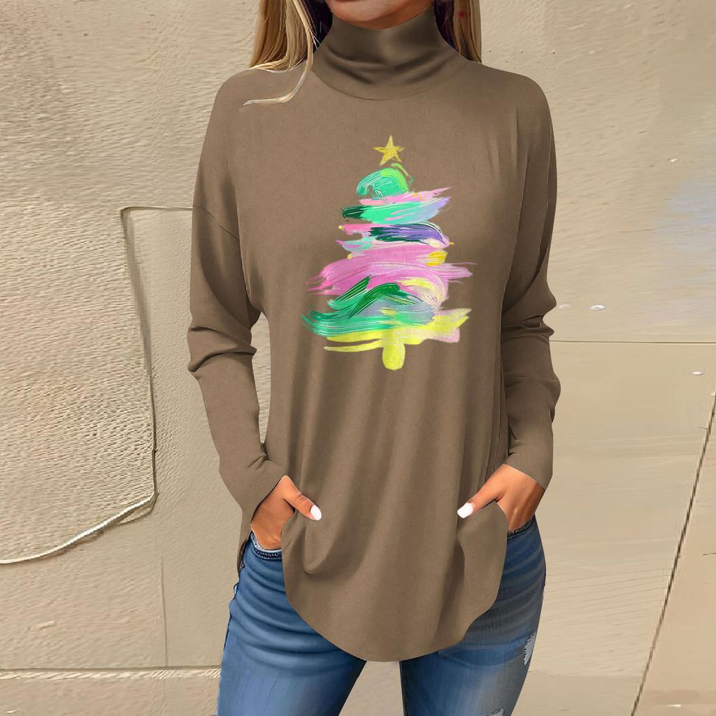Women's Fashionable Loose-Fit High-Neck T-Shirt With Christmas Print Long-Sleeved Top
