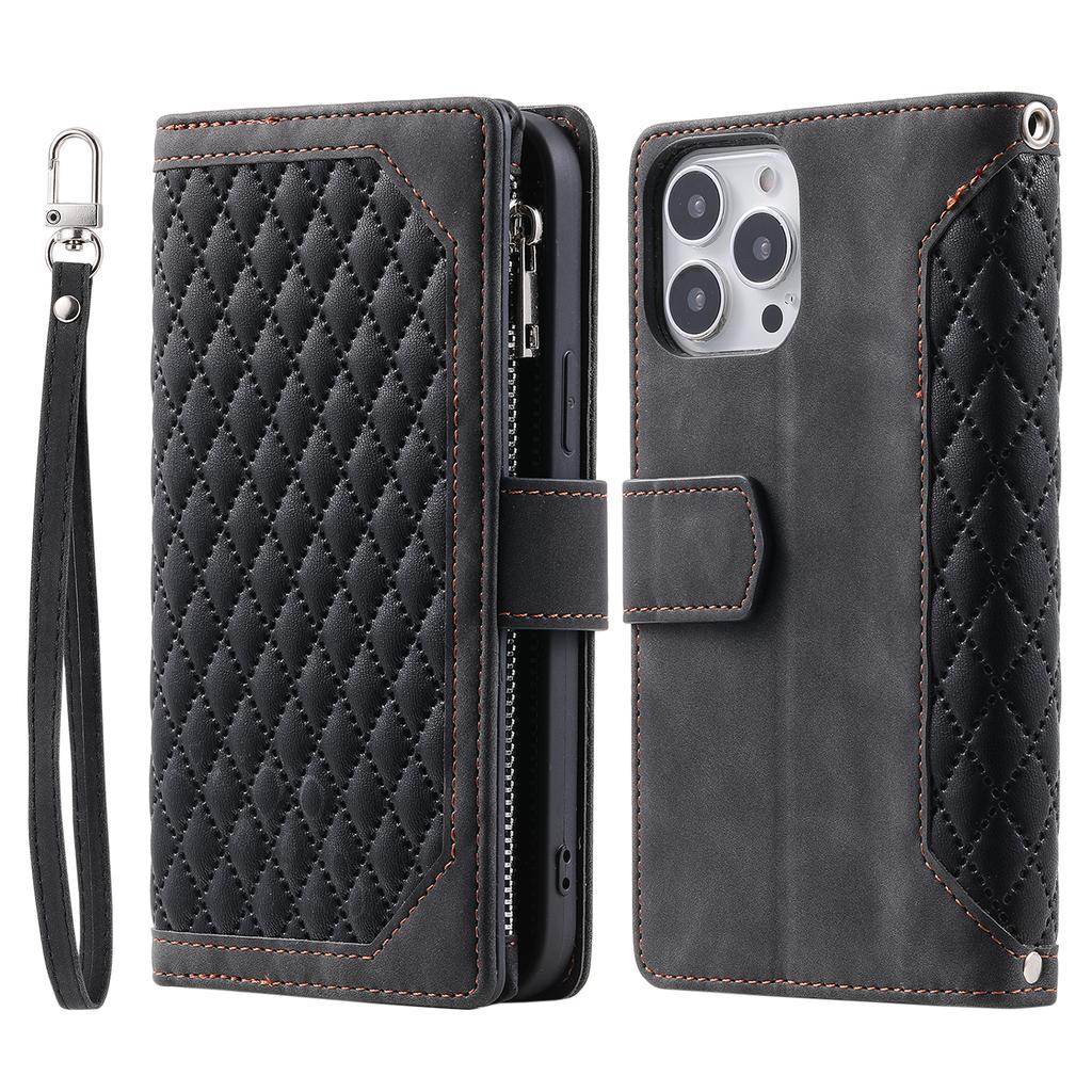 Style 005 For iPhone 16 Pro Zipper Wallet Case Rhombus Stitching Line PU Leather Phone Cover
