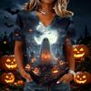 Women's Casual Short Sleeve Halloween Print V Neck Pullover Top Comfortable Lightweight Fabric Relaxed Fit