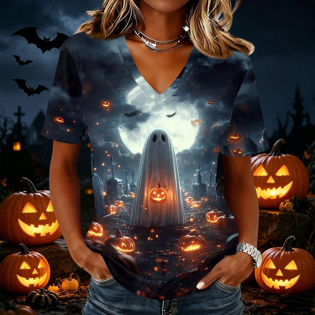 Women's Casual Short Sleeve Halloween Print V Neck Pullover Top Comfortable Lightweight Fabric Relaxed Fit