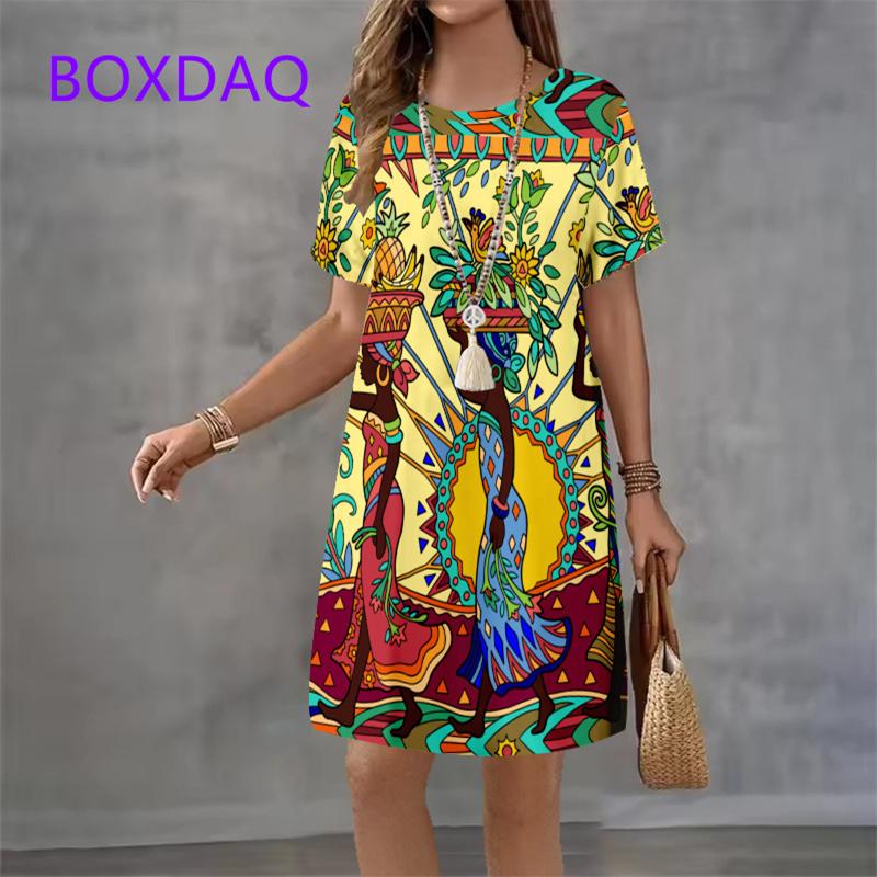 Retro African Style Print Women Dress Summer Women Dress Streetwear Clothes Short Sleeve O-Neck Loose Casual Mini Dress
