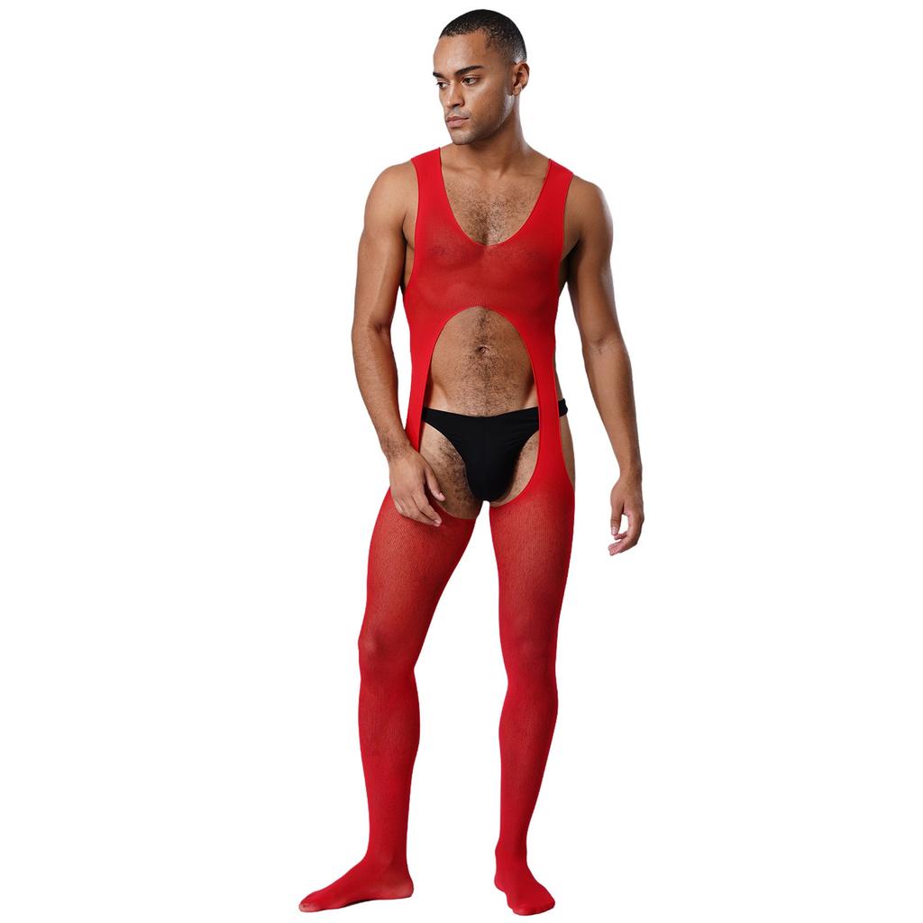 Mens See Through Sheer Jumpsuit Sleeveless Hollow Out Opening Crotch Bodysuit