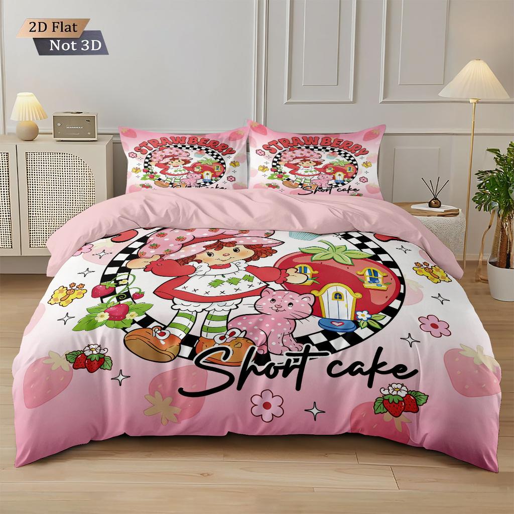 3Pcs Pink Strawberry Girl Printed Down Duvet Cover Set, Multi Size Bedroom Bedding Decoration, Machine Washable