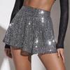 Women Sequin Shorts Elastic High Waist Loose A-line Pure Color Ultra Short Above Knee Length Performance Dance Shorts