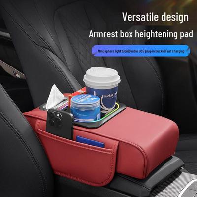 Multifunctional Car Armrest Riser with Dual Fast Charging, Rhythm Light, Cup Holder, and Tissue Box