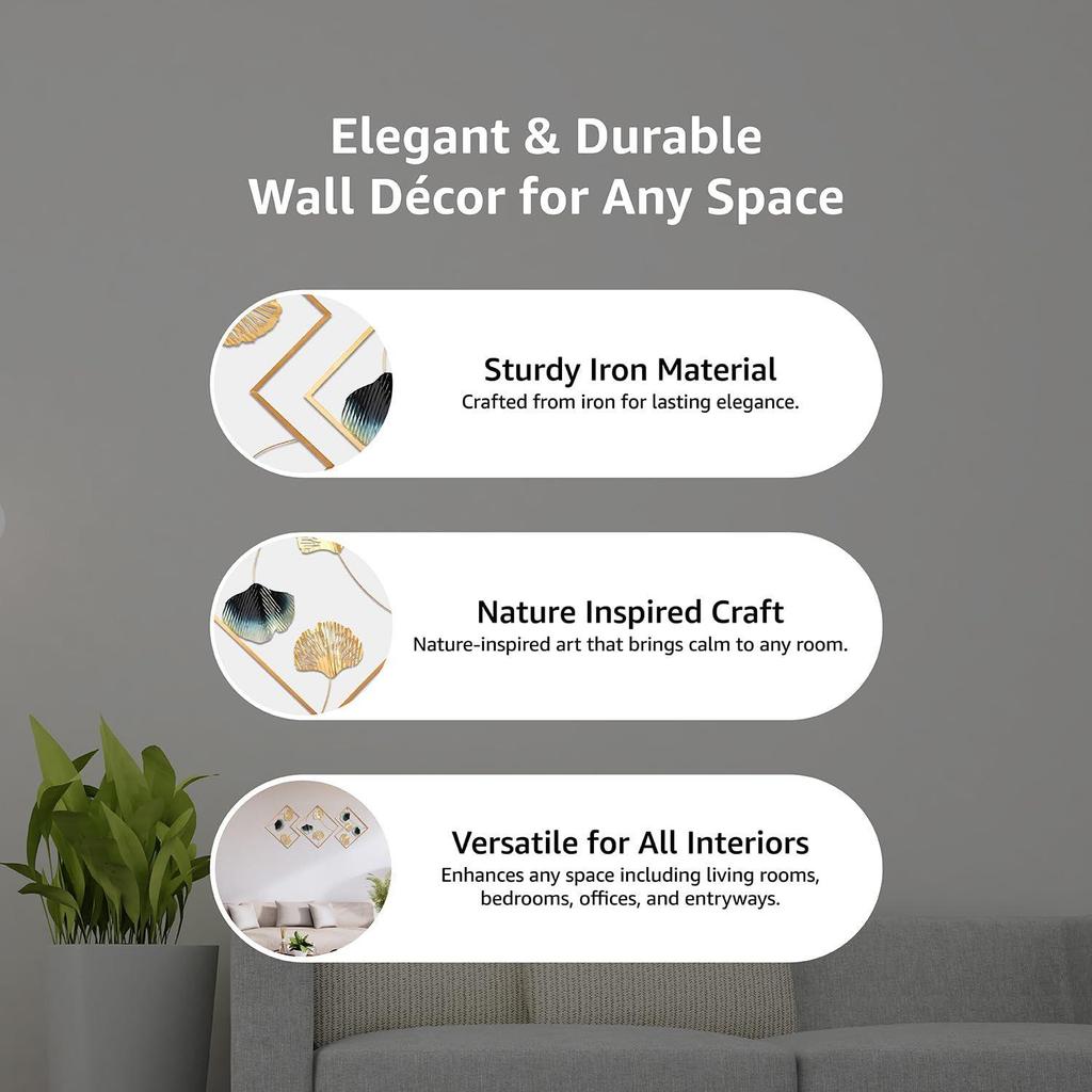 Metal Leaf Wall Sculpture/Hanging for Living Room | Elegant Iron Wall Art | Sturdy Iron | Wall Hanging | Wall Décor \ 78 X 42 Cm | Set of 3