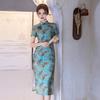 Green Retro Style Short-sleeved Silk and Hemp Cheongsam 1011 Spring New Improved New Chinese Style Daily Wear Nun