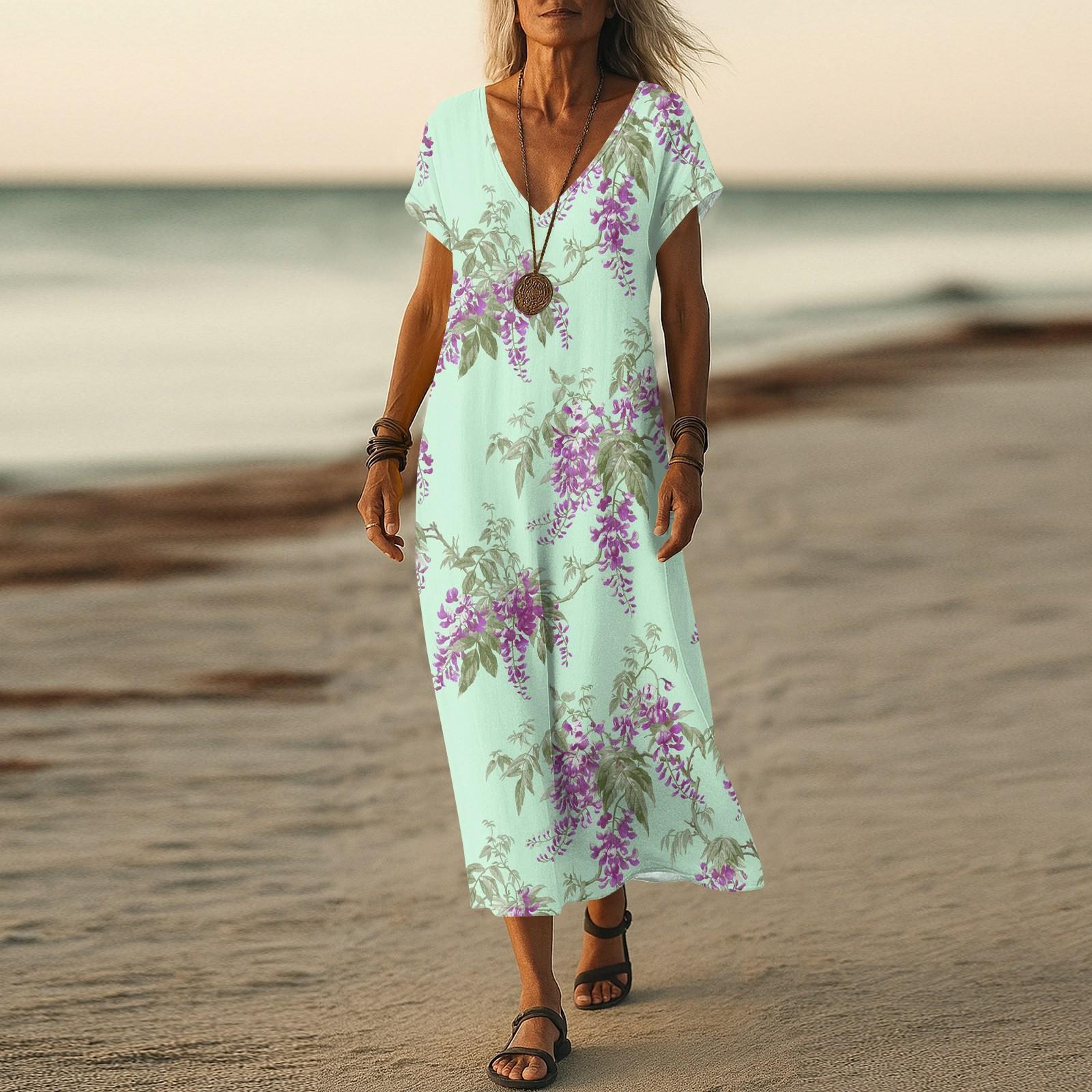 

Летнее платье Женское длинное платье бохо для пляжа Элегантное платье макси V-образный вырез Короткий рукав Летнее платье-туника Легкое воздушное XL зелёный