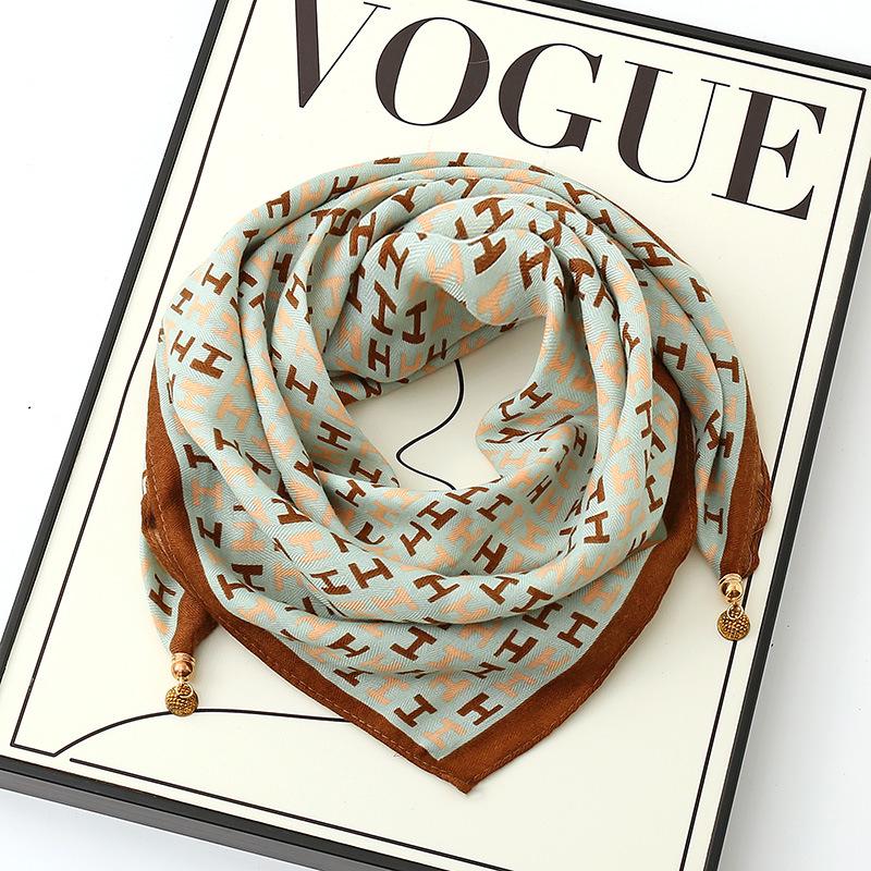 Women's 65" Silk Square Scarf with Magnetic Buckle – Autumn/Winter Print, Fashionable & Versatile Triangle Snood
