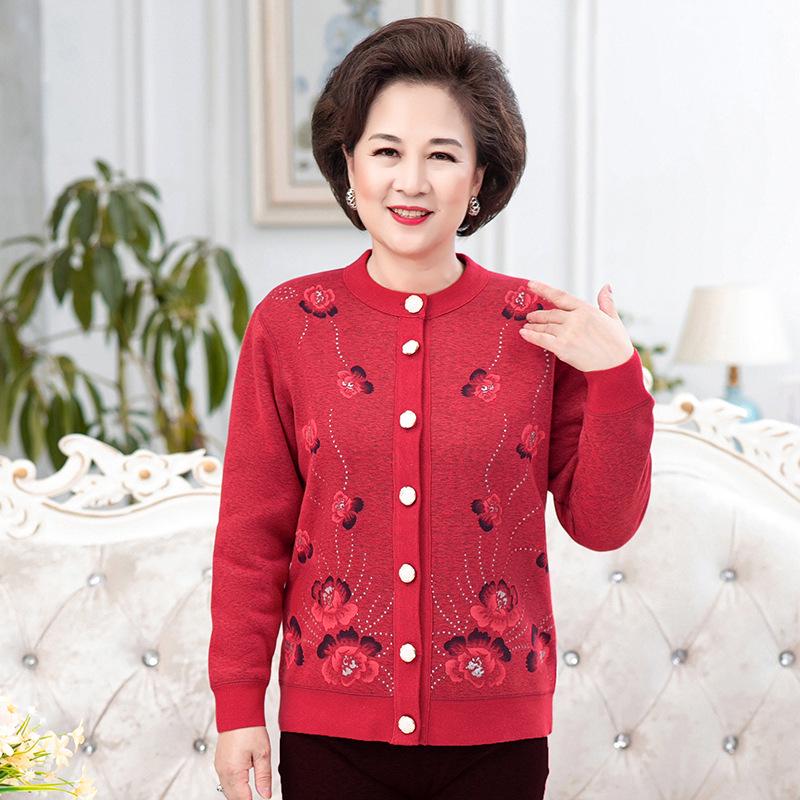 Grandma's Cozy Knit Cardigan: Velvet-Lined Winter Sweater for Middle-Aged and Elderly Women