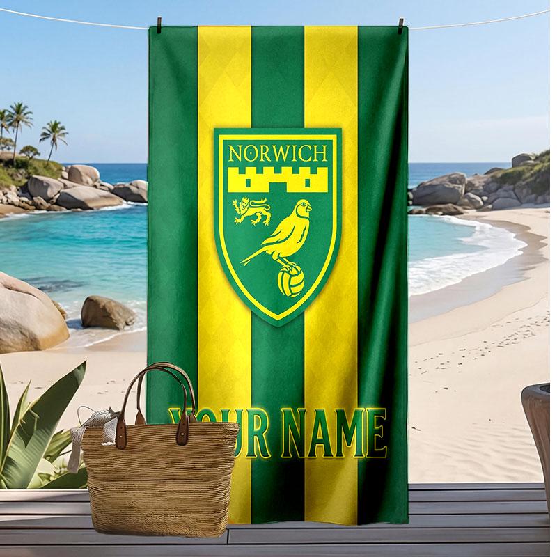 Norwich City Gepersonaliseerde Bedrukte Strandlaken Voetbal Logo Steun Aangepaste Naam Tekst Absorberende Handdoek Voor Sport Reizen Speciaal Cadeau