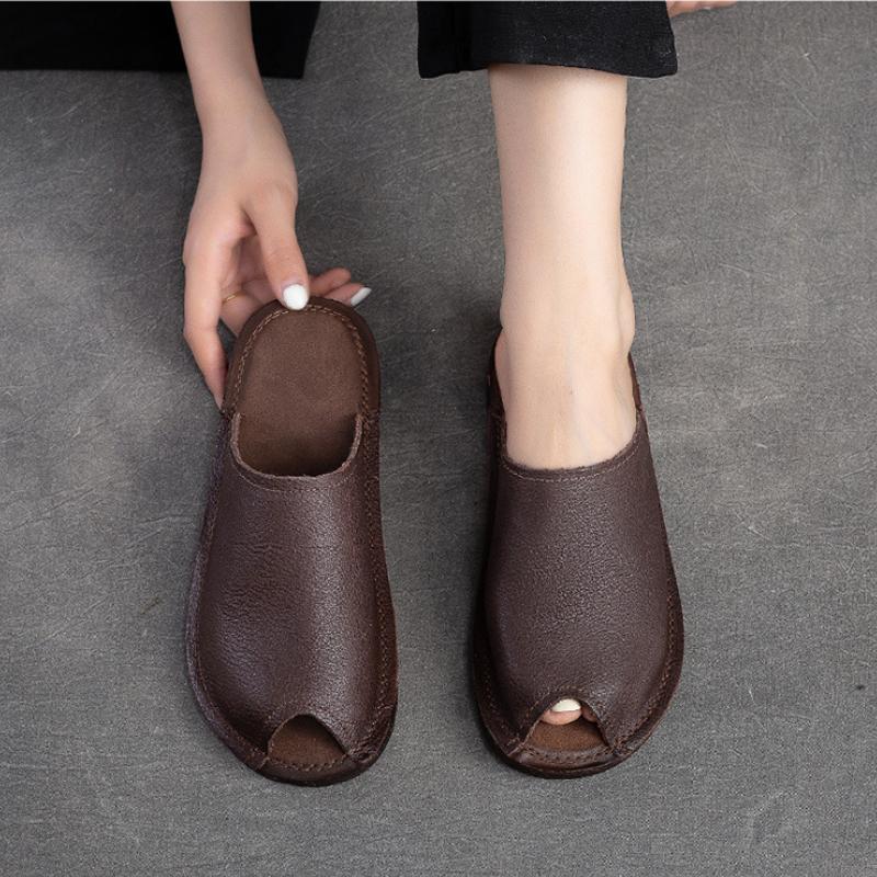 Johnature Pantofole piatte traspiranti con suola morbida Ciabatte aperte vintage in vera pelle Scarpe da donna versatili