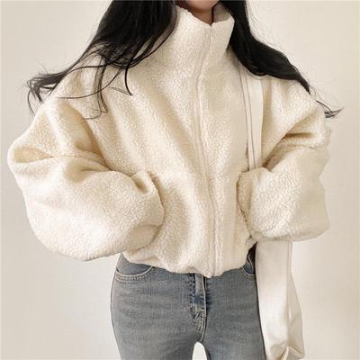 Women's Stand Collar Fleece Cardigan - Cozy Autumn/Winter Lambskin Zip-Up Sweater