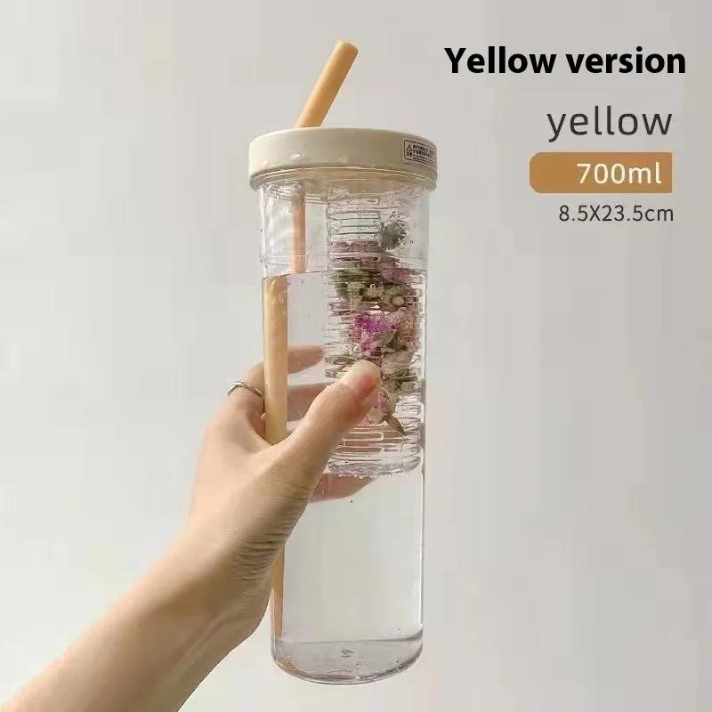 

Высокий внешний вид Корейская версия соломенной чашки для студентов, Простая и защищенная от падений Пластиковая портативная и простая в использовании чашка для сока 700ml жёлтый