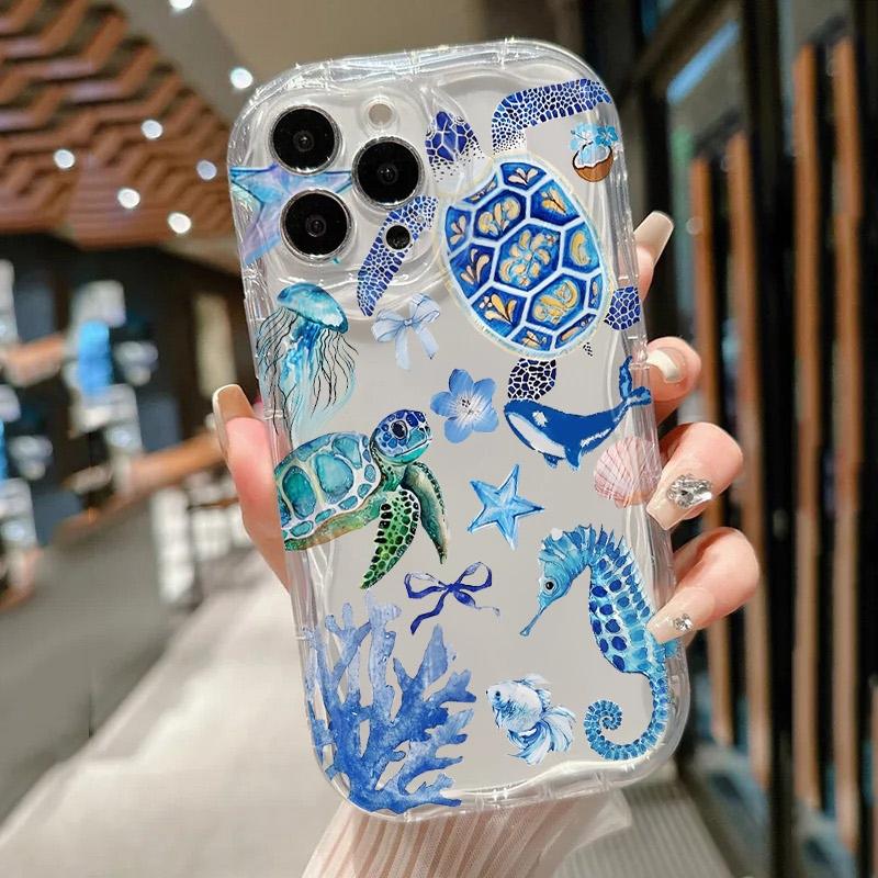 16 Plus  Sea Turtle Seahorse Starfish Pattern Case For iPhone 14 15 13 12 11 Pro Max  X  XS  E 7Cartoon Soft Silicone Cover