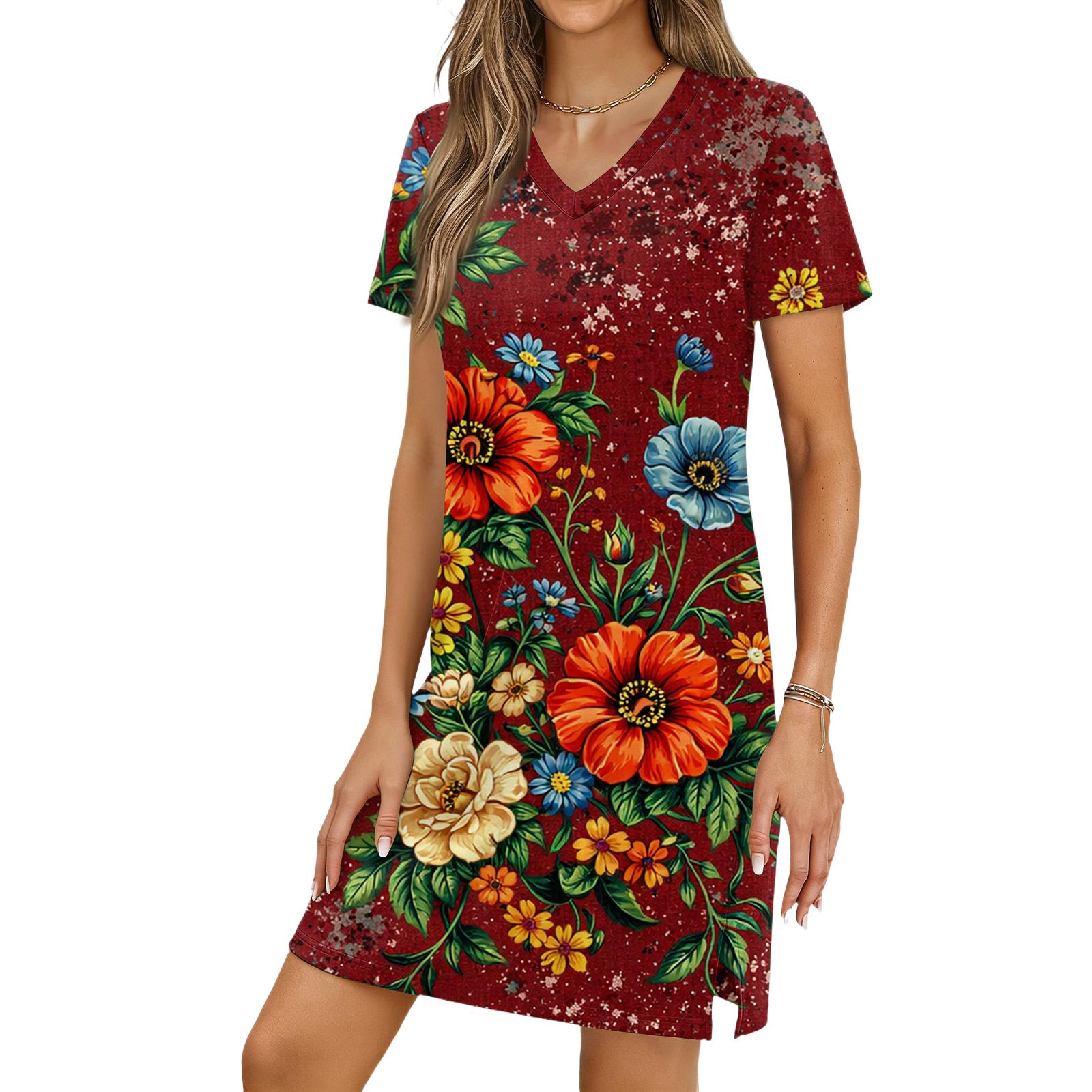 

Women s Casual V-neck Short Sleeve Split Hem Independence Day Printed Dress L винный