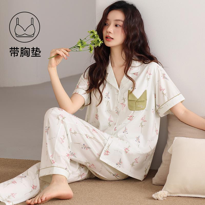 Pajamas with chest pads women's summer thin cotton short-sleeved trousers large size casual relaxation cardigan loungewear set