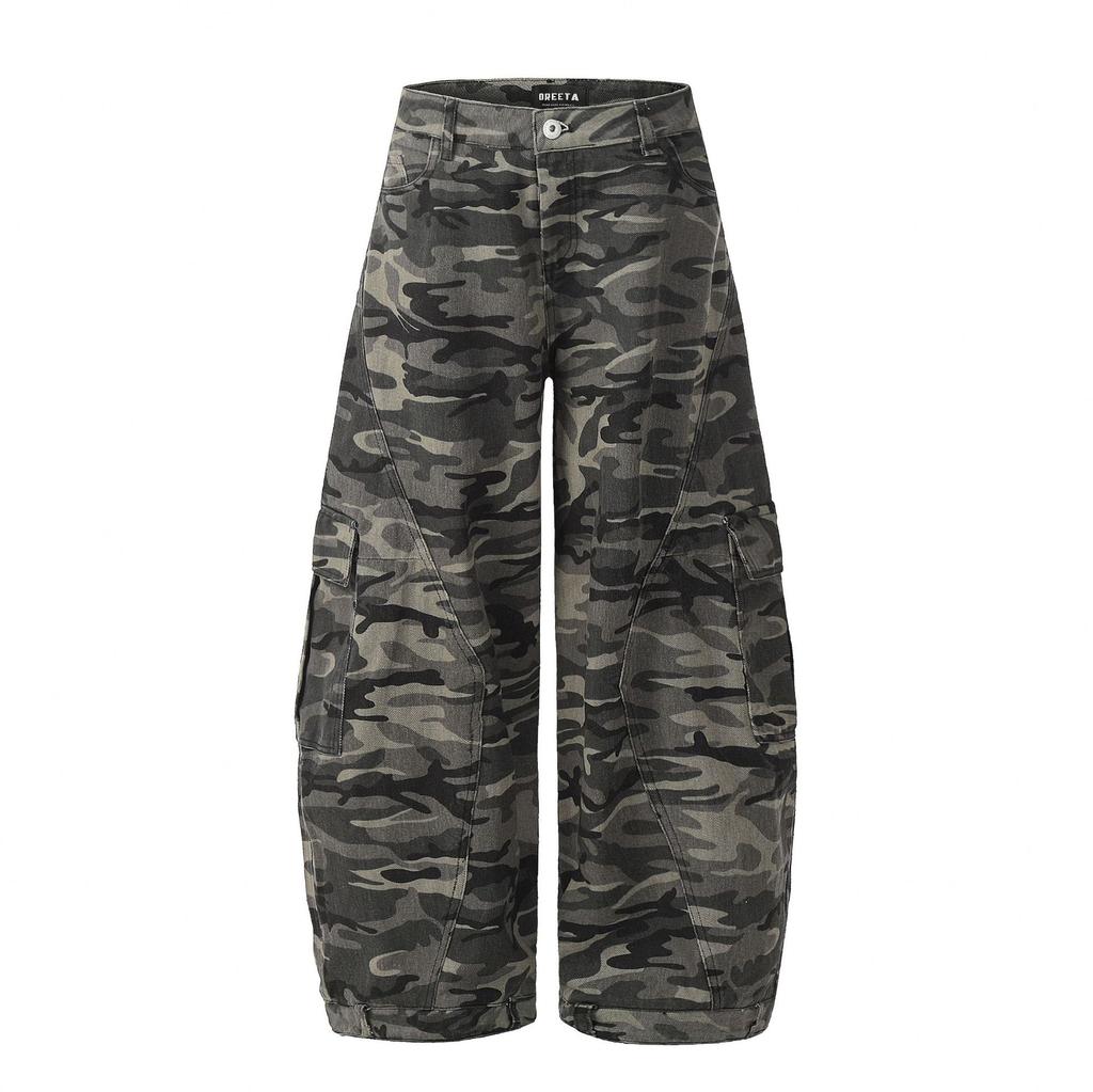 Herren Tarnung Cargohosen Gebogen Weiter Bein Lockerer Schnitt Mehrere Taschen Streetwear Hosen
