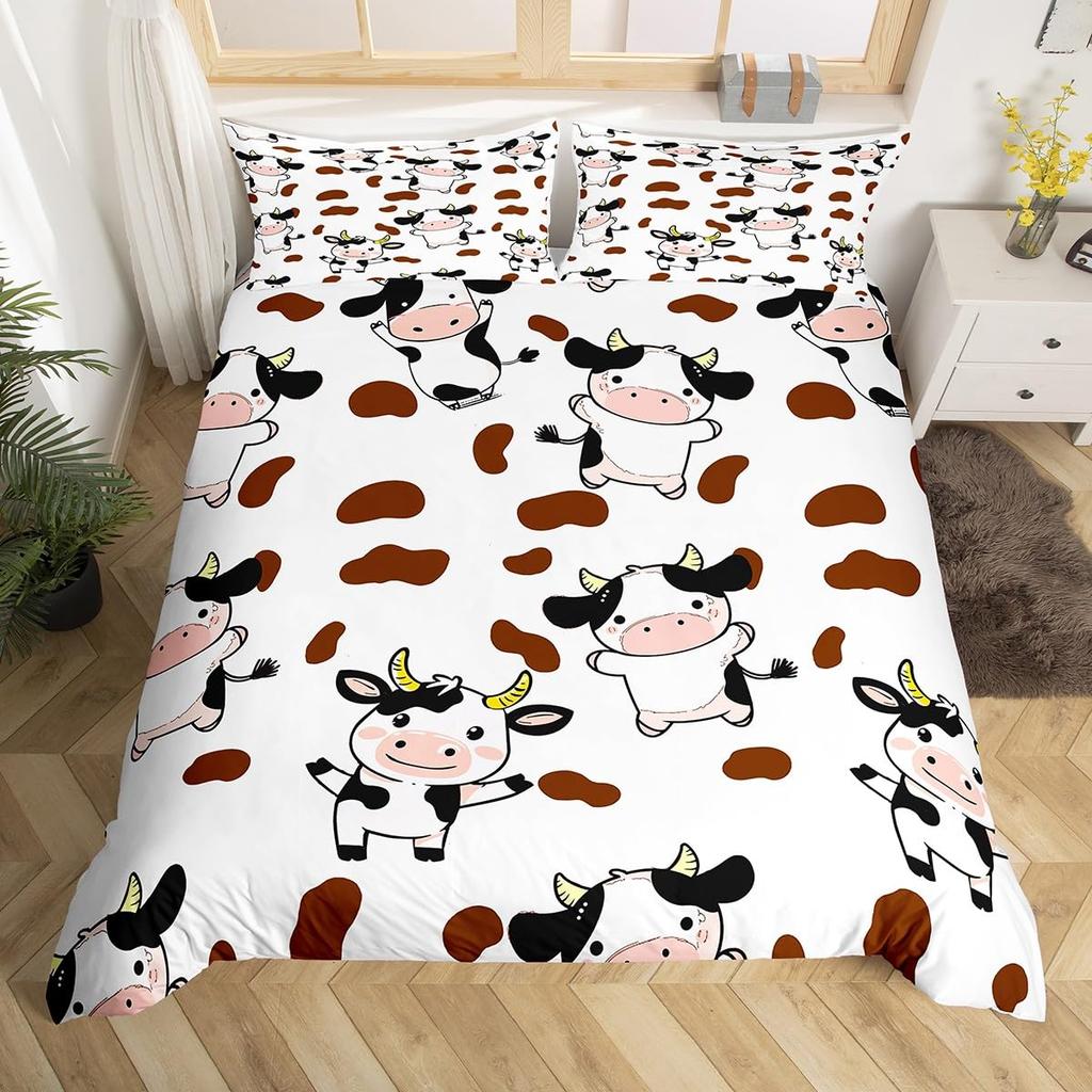 Carton Milk Cow Soft Duvet Cover Ful King Lovely Farm Animal Beding Set Strawbery Flowers Print Warm Comforter Cover Farmhouse Decor