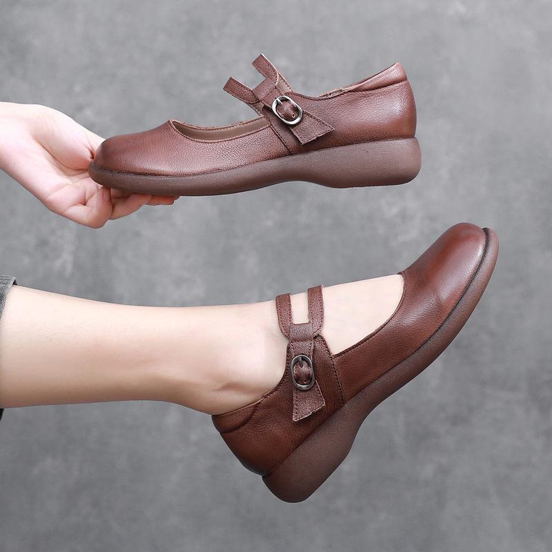 Mom Shoes Spring and Summer Soft Leather Soft Sole One-word Buckle Single Shoes Flat Sole Comfortable Middle-aged and Elderly Retro Shallow Mouth Lea
