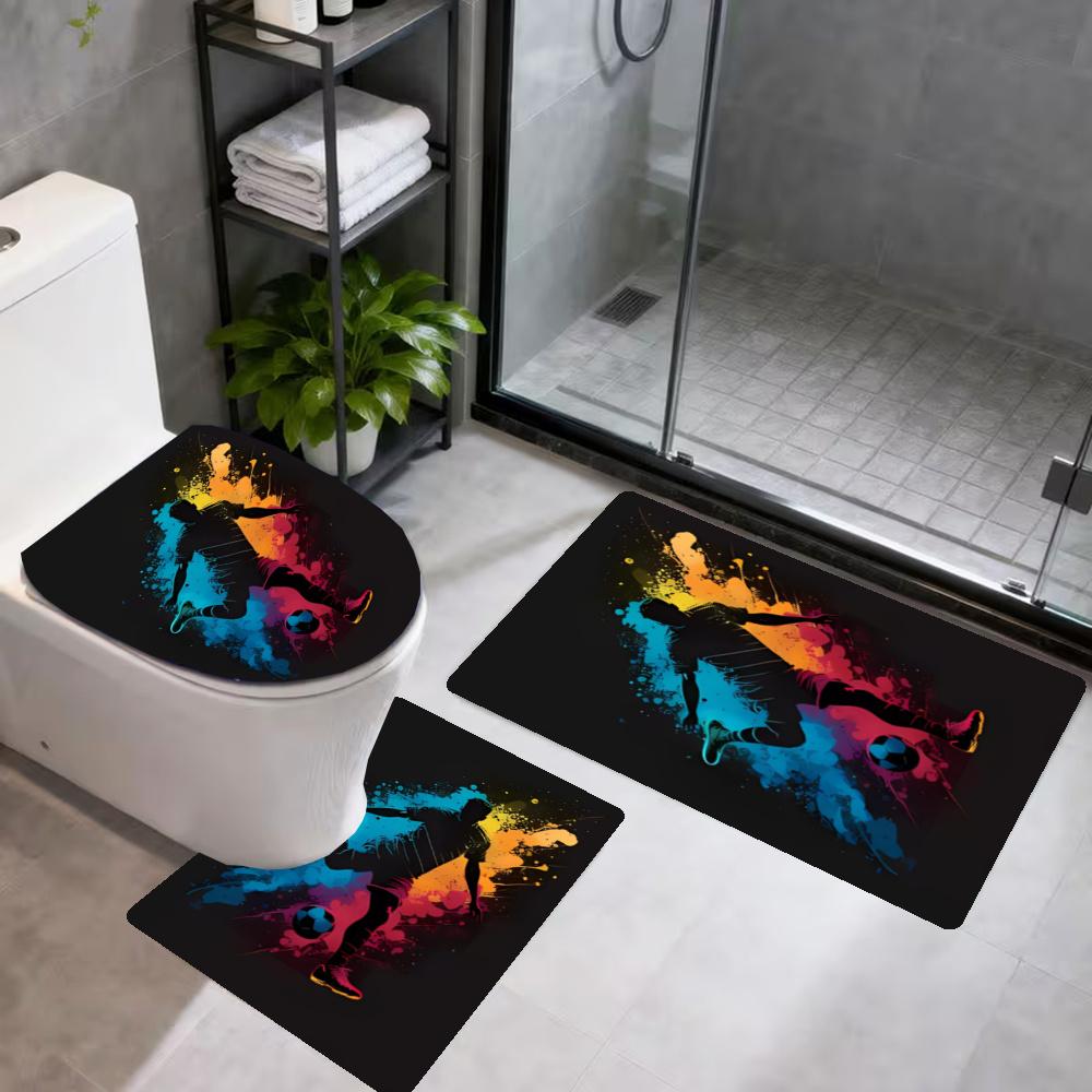 Soccer 3Pcs Bathroom Mat Set Toilet Lid Cover And Rug Ushaped Bath Mats Nonslip Door Mat Decoration