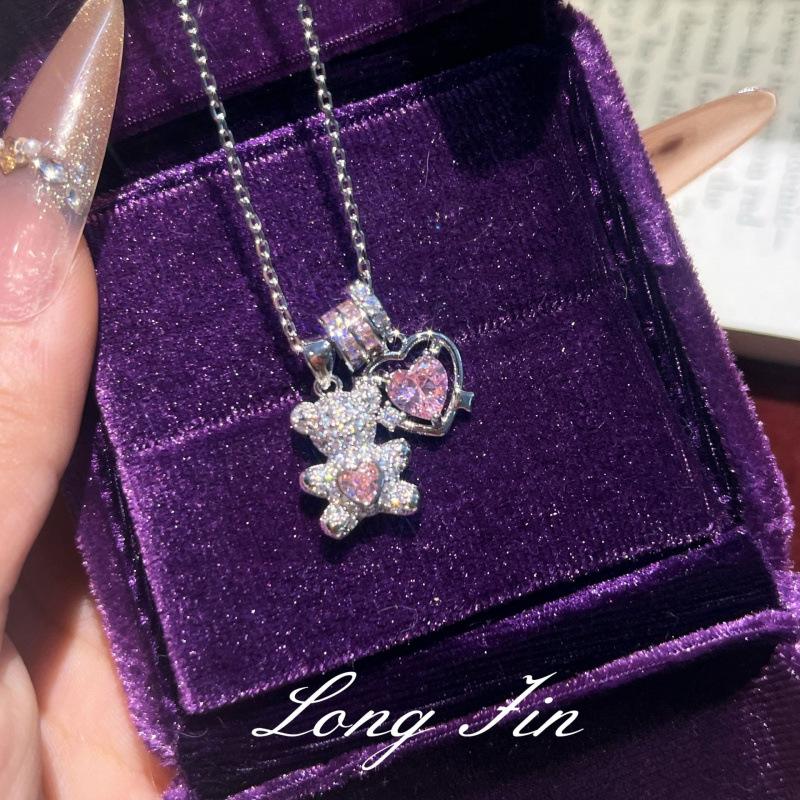 Set Full Of Diamond Love Running Ring Bear Necklace Stud Earrings Female Internet Celebrity Style Niche Design Light Luxury Collarbone Chain