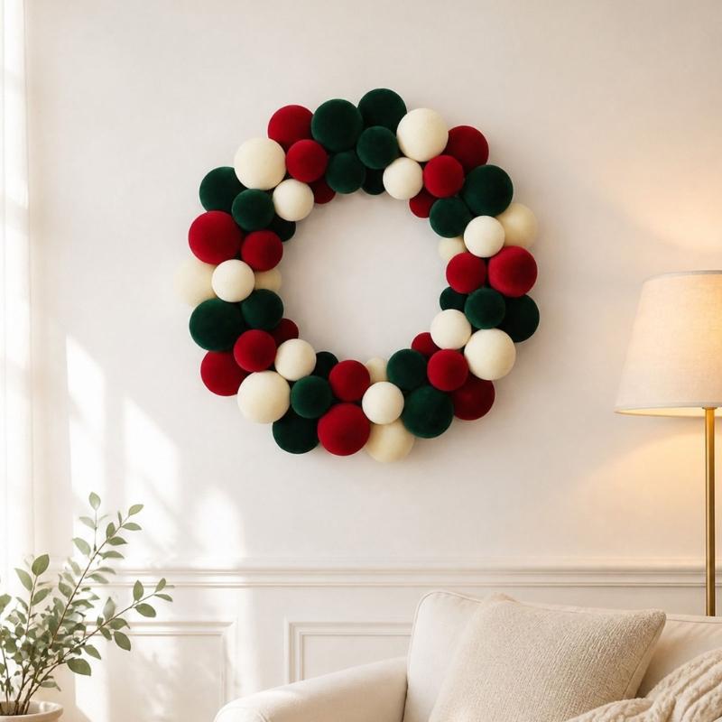 Christmas Ball Wreath For Front Door Christmas Door Wreath with Staggered Three-Tone Ball Clusters, Soft-Looking Texture, and a Back Loop for Entryway