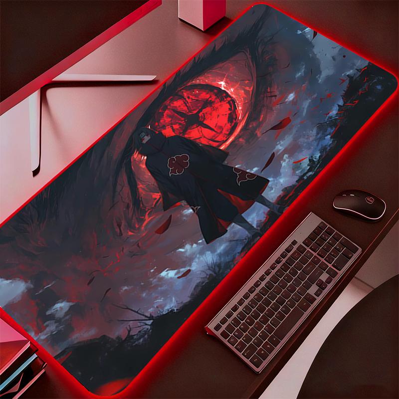 RGB Подсветка Коврик для Мыши N-naruto Итачи Учиха Аниме Игровой Корпус Компьютерный Светодиодный Настольный Коврик Клавиатура Игровые Аксессуары Коврик для Мыши 250x350x3mm