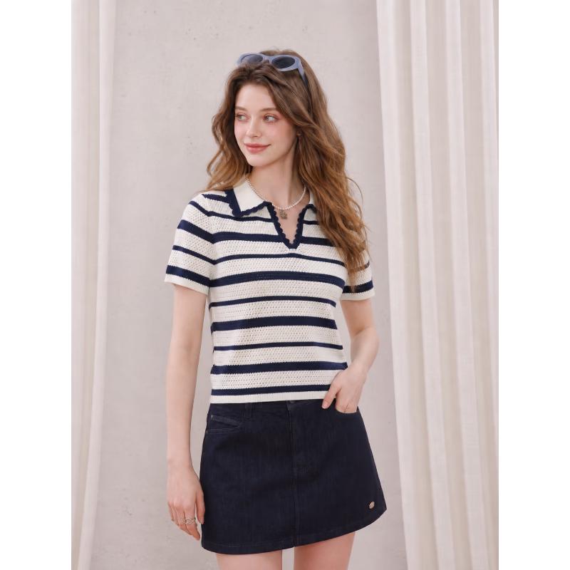 CHOCOOLATE Women's Color-Block Striped Knit Polo
