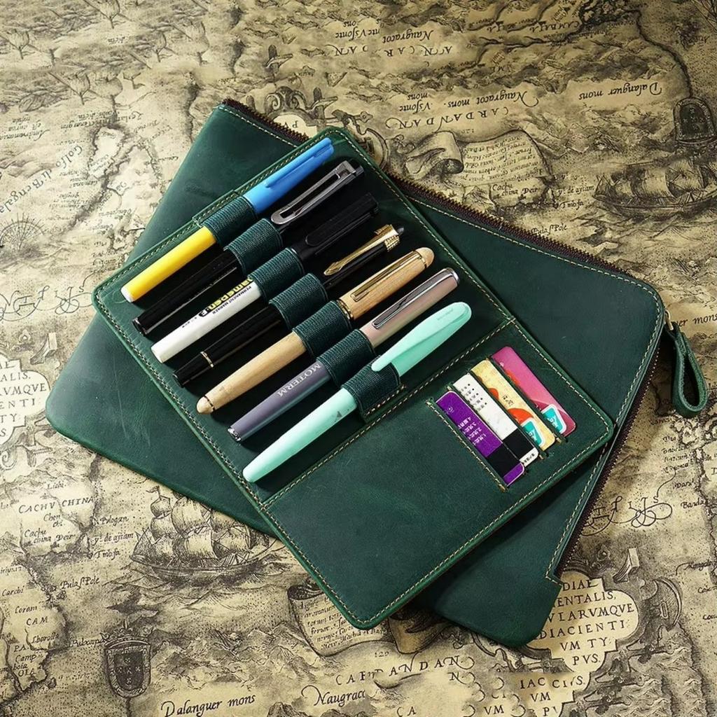 Genuine Leather Zipper Pen Bag A5 Portfolio Large-Capacity With Pen Pouch And Card Holder Retro Stationery Bag For School And Office