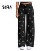 High Elasticity Denim Girl's Bow Cherry Print Baggy Jeans, Wide Leg Mid Waisted Women Jeans Pants, Zipper Fly Elastic Casual Streetwear with Pockets