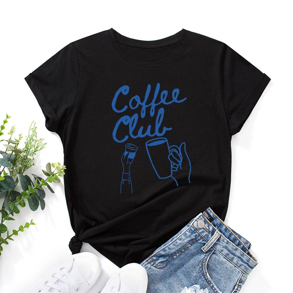 Coffee Alphabet Cotton T-Shirt Short Sleeve Round Neck Women 2d Print Tops