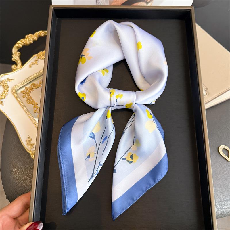 

Elegant Female Print Square Scarf for Women Silk Feeling Shawl Kerchief Head Hijab Hair Ribbon Essential for office and travel 70X70 CM