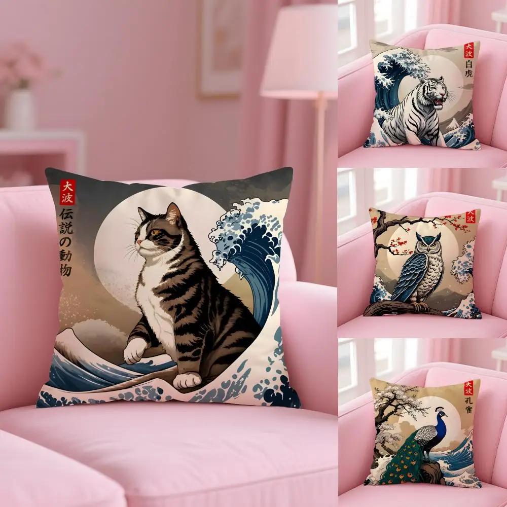 Animals The Great Wave Katsushika Hokusai Cushion Cover Plush Fabric Soft Double-Sided Printed Sofa Warm Home Gift Pillow Cover