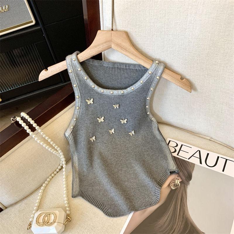 Tweed-style Butterfly Unique Knitted Vest for Women In Summer Dopamine Outfit Sleeveless Outerwear Slim-fitting Sexy Top