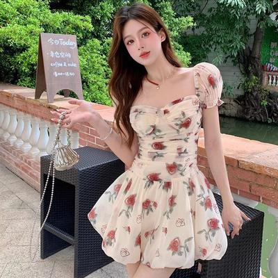French Oil Painting Rose Floral Short-sleeved A-word Dress Women's Summer New Bubble-sleeved High-end Fluffy Short Skirt
