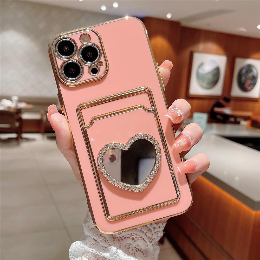 Glitter Rhinestone Love Heart Mirror Plating Wallet Card Case For iPhone 16 15 14 13 11 12 Pro Max XS X 7 8 Plus Soft Slot Cover
